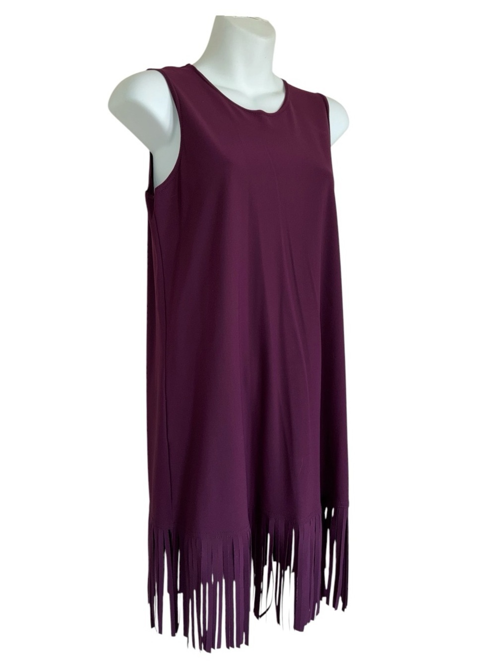 Karla Carletto Dress Women's S, Deep Plum, Fringe Hem, Round neck Sleeveless EUC